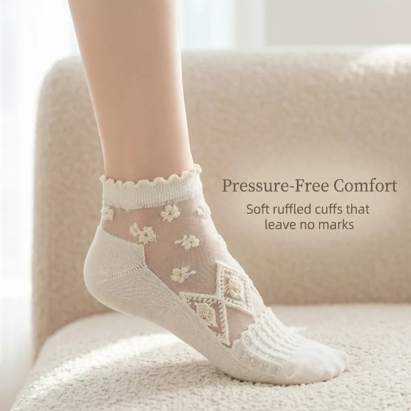 Vintage Lace Mesh Ankle Socks for Women, Breathable Floral Embroidered Cotton Socks for Summer Daily Wear Half Socks for Ladies image 3
