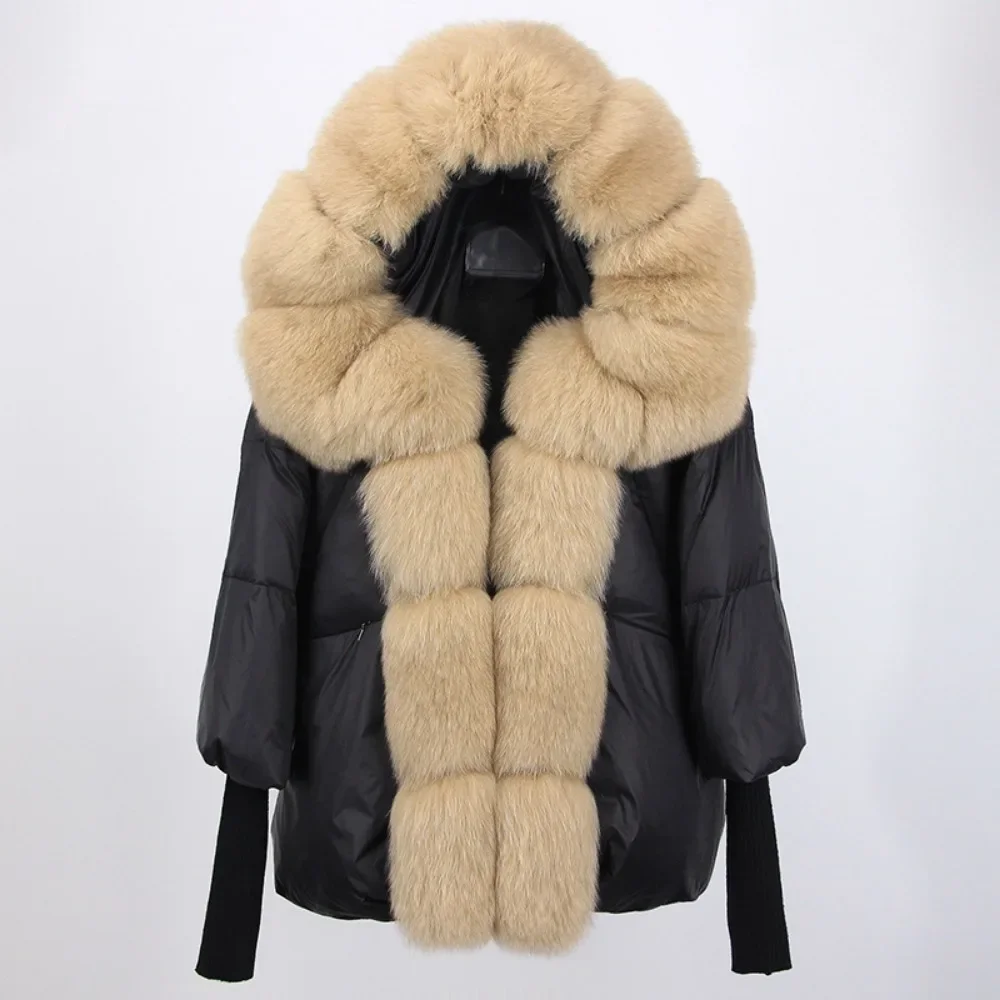 Women New Loose Real Fox Fur Collar Hooded Natural Oversize Puffer Jacket Thick Warm Streetwear Outerwear Duck Down Coat Winter