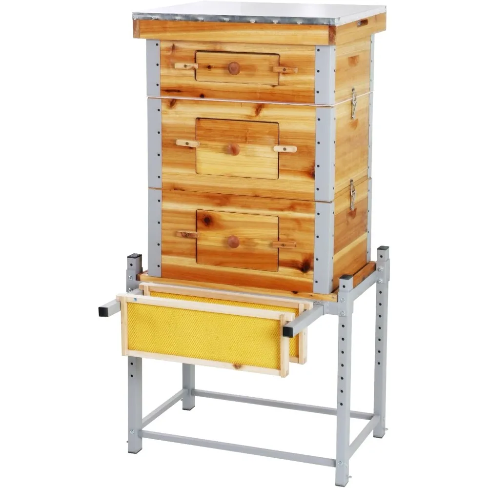 خلية النحل بإطار معدني وحامل، خلية نحل لانجستروث ذات 10 إطارات مغموسة في شمع عسل 100%، صندوق خلايا النحل يتضمن خشبيًا