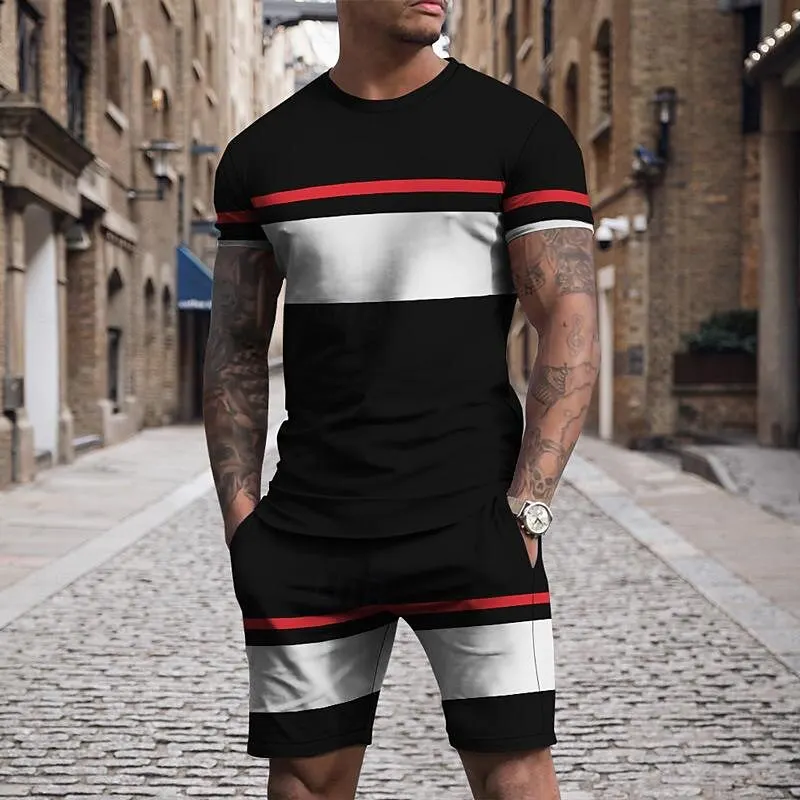 

Simple Stripe Print Men's Sportswear T-shirts +Shorts 2 Piece Summer Casual Short Sleeve Sets Fashion Comfortable Casual Outfit
