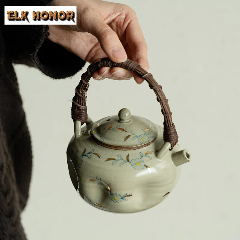 

400ml Antique Gold Painting Teapot Hand-painted Small Daisy Kettle Boutique Vine Woven Beam Tea Pot Tea Maker Teaware Craft Gift