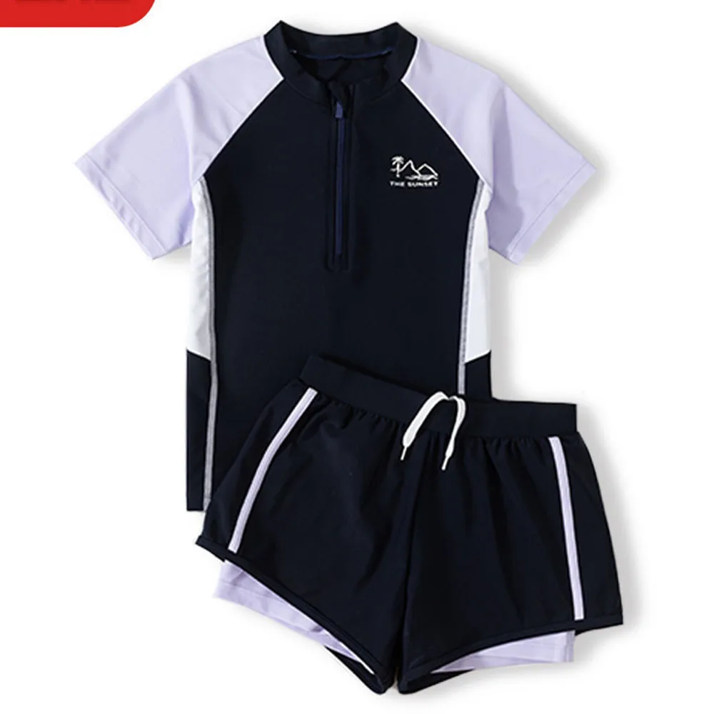Children's and Girls' Two Piece Swimsuit Fashion Color Blocked Sunscreen Summer Girls' Swimming Pool Seaside Sports Swimsuit