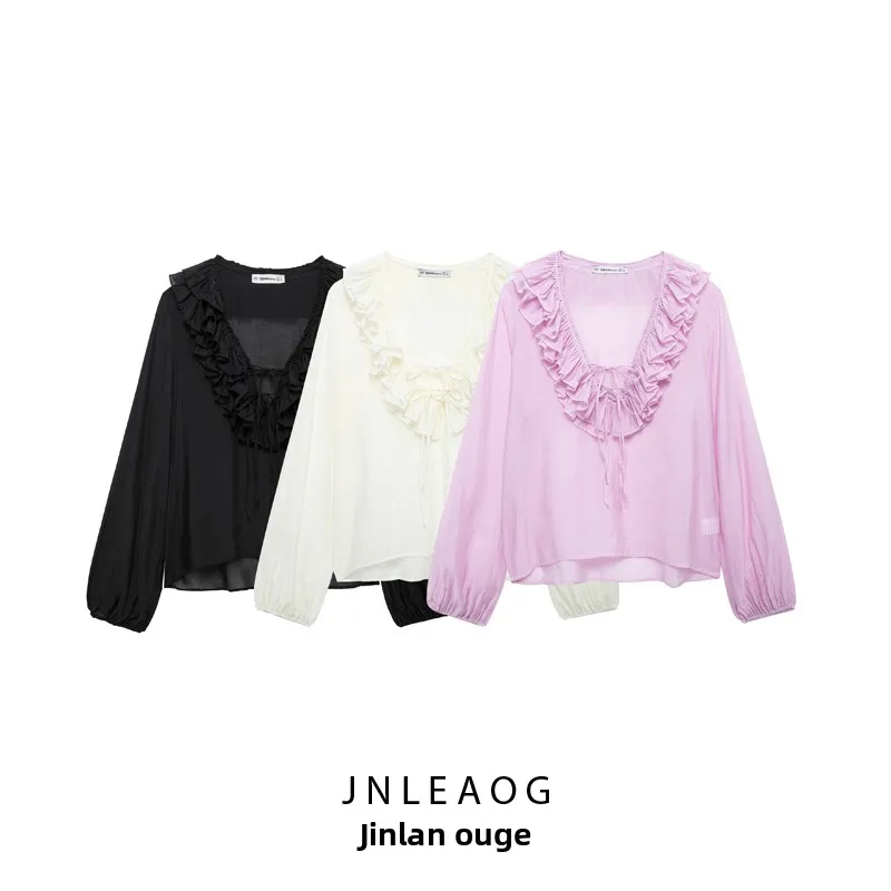 JNLEAOG Faionable Decorative irt Women's Slim Fit Long Sve V-Ne Polyester Fiber Thin Sle Pure Color Autumn New Arr...