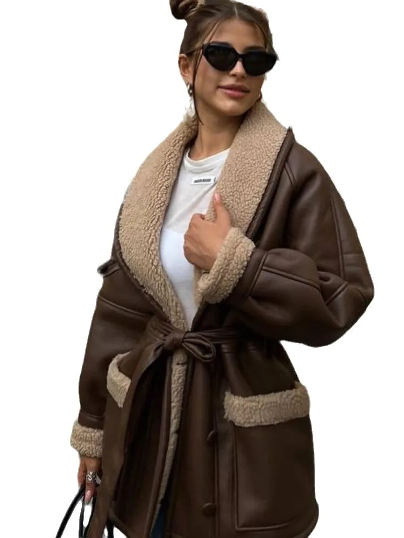 

Fashionable Korean Style Women's Long Sleeve Leather And Fur Jacket Autumn Winter New Arrival Elegant Splicing Design Outerwear