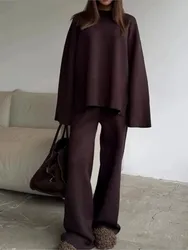 2025 Solid Color Knitted Sweater Two Piece Set Women Fashion Loose O Neck Knitting Pullover Trousers Sets Female Simple Style