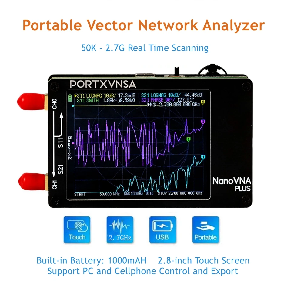 Upgraded Plus 50kHz-2.7GHz Portable VNA Handheld Vector Network Analyzer with 2.8-inch Touch Screen