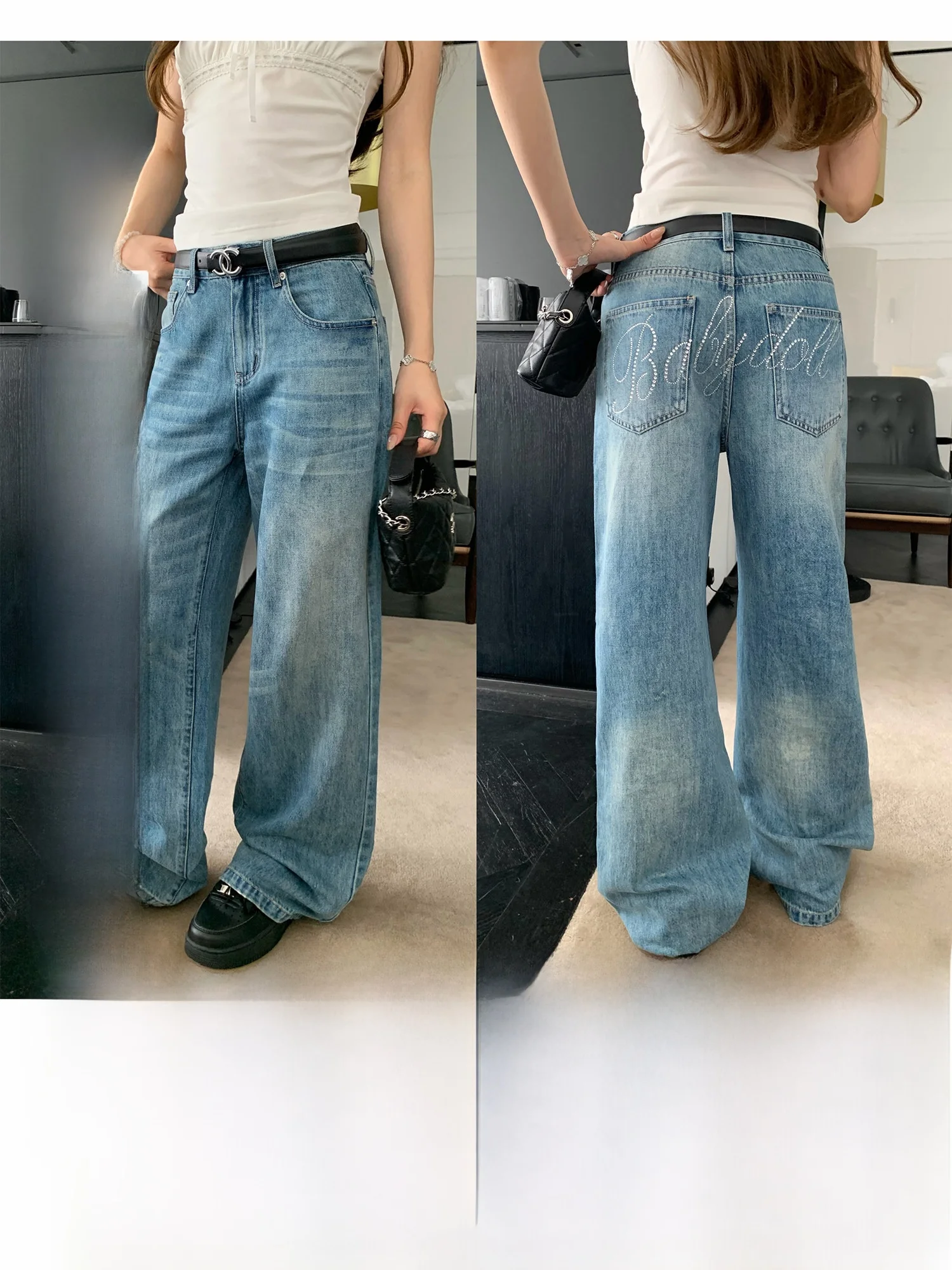 

Hhyii American Retro Rhinestone Denim High Waist Straight Wide Leg Pants Women Design Sensation Hip Conceal Leg Lengthening