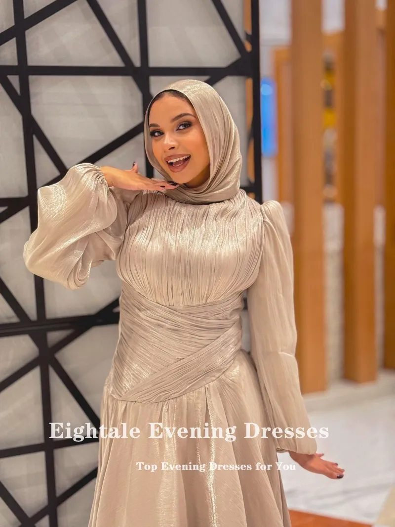 Eightale Arabisches Abendkleid, O-Ausschnitt, Falten, Krepp, maßgeschneidert, bodenlang, muslimisches Champagner-A-Linien-Abschlussball- und Hochzeitskleid