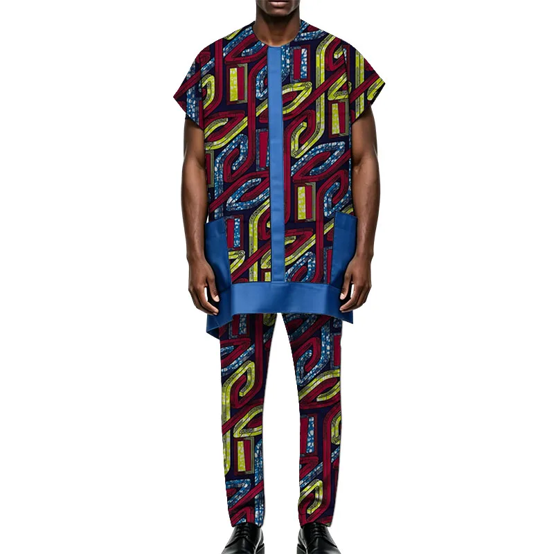 African Print Couture Peacock Blue Pocket Patchwork Tops & Trousers Men's Performance Suit Dashiki Outfit Set Taiored