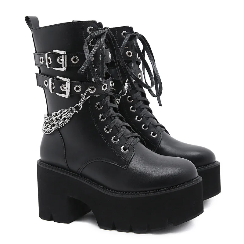 

8.5cm High Quality Leather Gothic Black Boots Women Heel Sexy Chain Chunky Heel Platform Boots Female Punk Style Ankle Boots Zip