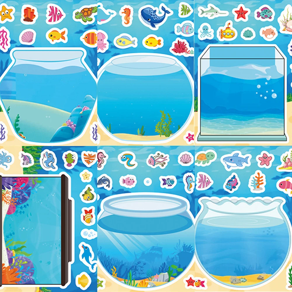 

8/16sheets Cartoon Cute Fish Tank Puzzle Stickers Kid Creative Toy Handmade DIY Notebook Desktop Waterproof Decoration Sticker