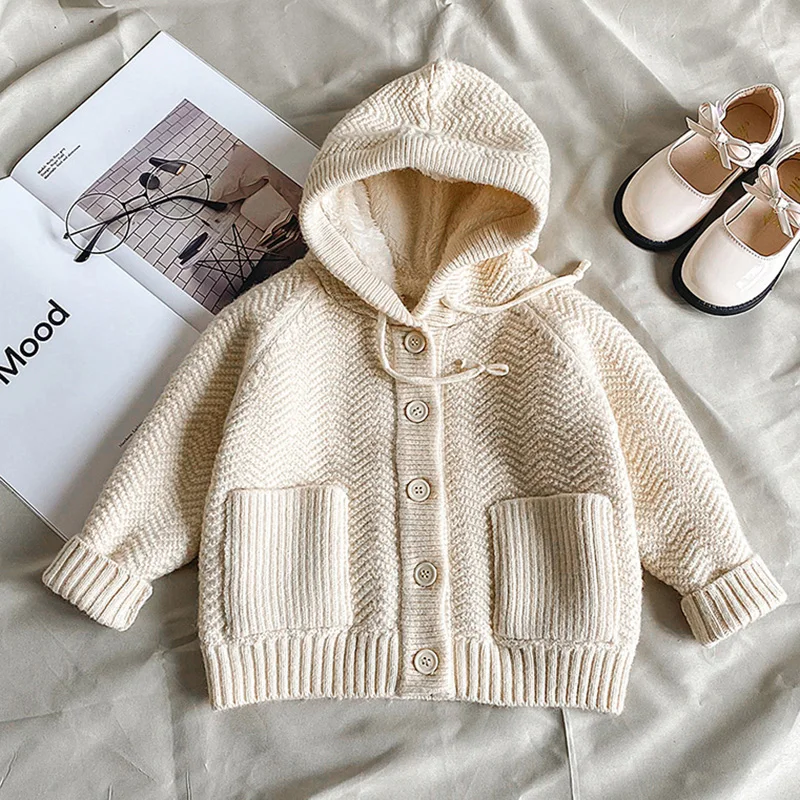 Autumn Winter Baby Girls Boys Hooded Cardigan Kids Plush Thicken Warm Knitted Cardigan Children Clothing Casual Sweater Coat