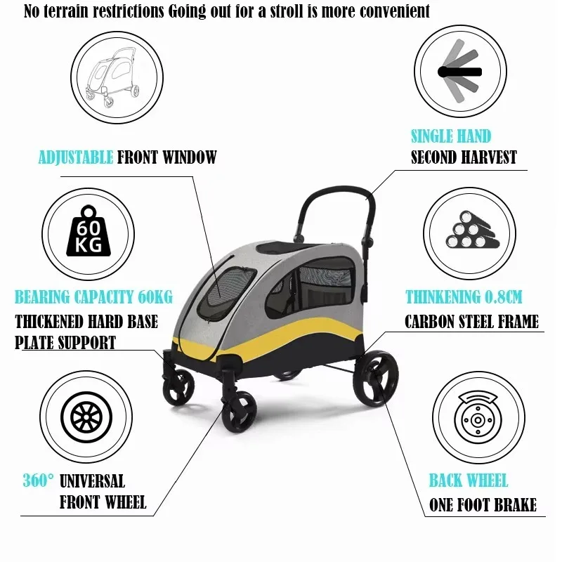Extra Large Dog Stroller Adjustable Handles Lightweight Folding Pet Stroller All-Terrain 4 Wheel Dual Entry Safety Dog Stroller