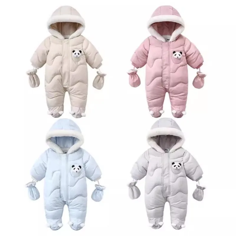 UNIFEMEN Infant Girls Winter Bodysuit Panda Patched Hooded Solid Plus Velvet Thickened Parkas For Newborn Boy Baby Girls Outfits