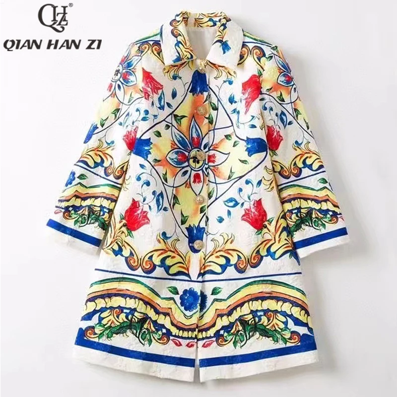 QHZ Designer Fashion Runway Trench Coat retro Single-breasted pattern Printed Long Coat Vacation for women autumn/winter