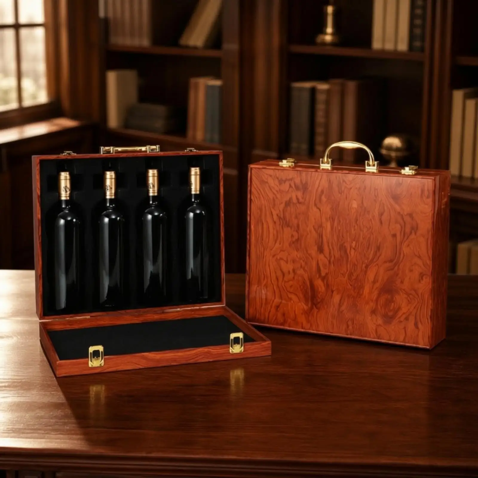 Wooden Wine Storage Container Vintage Case for Bottle Transport with Cushioned Interior and Metal Lock