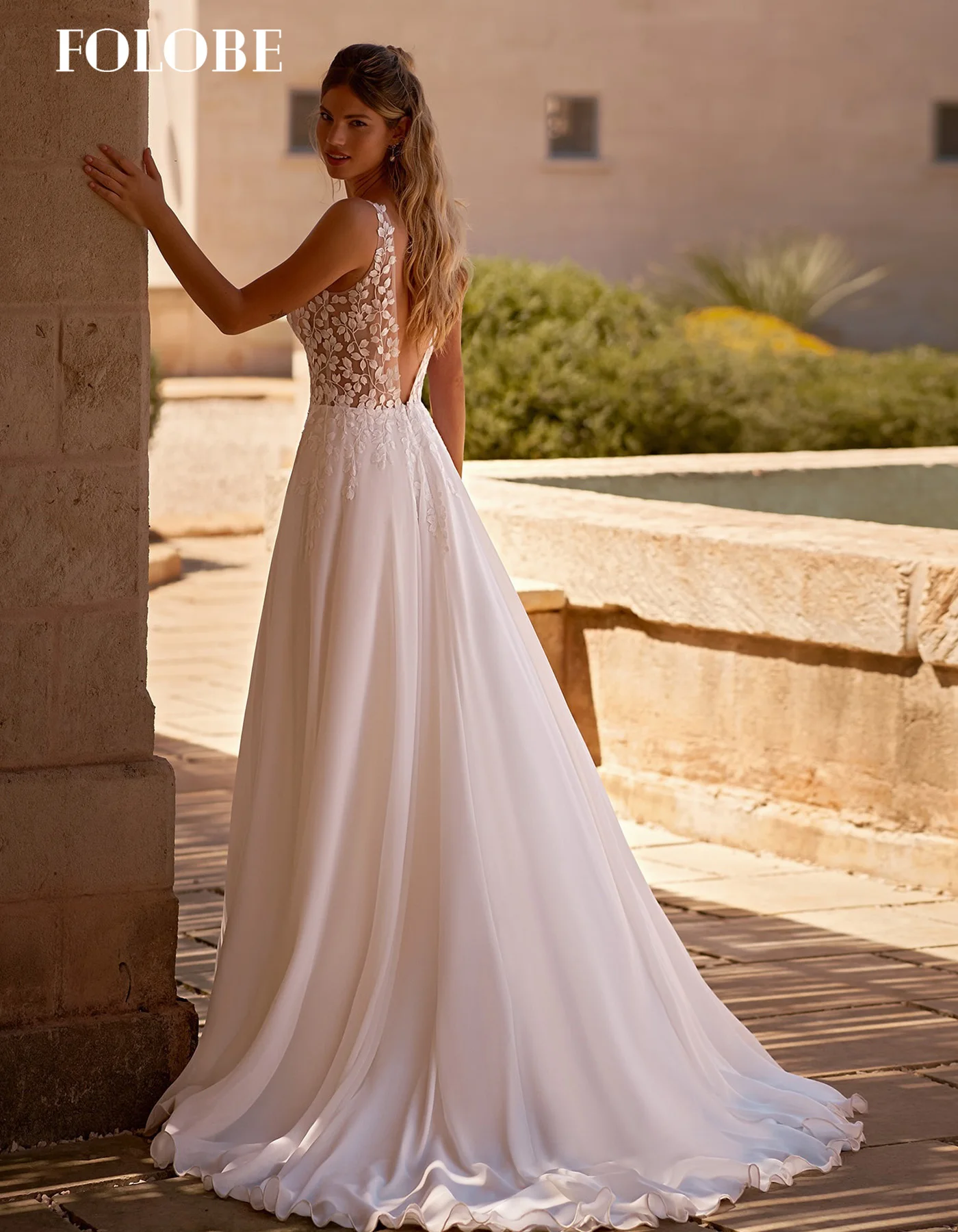 FOLOBE col en v Applique a-ligne avec sans manches dos nu élégant robe de bal de mariée fête de mariage mariée vestidos de noche personnalisé