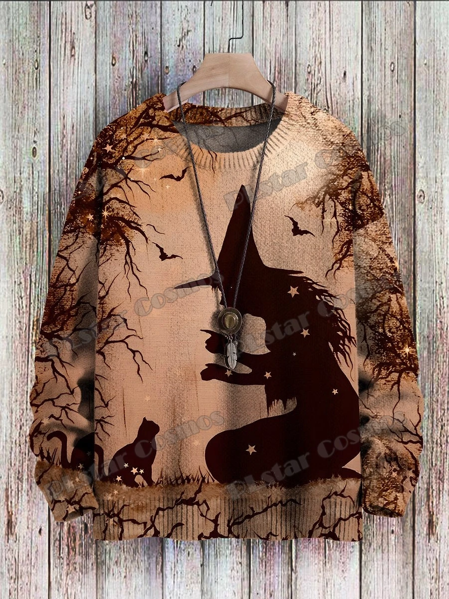 Halloween Funny Cats Frog Raven Bat Pattern 3D Printed Men's Knitted Pullover Winter Unisex Casual Knit Pullover Sweater ZZM132