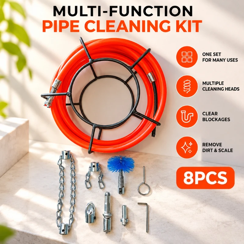 8Pcs Drain Cleaning Kit, 8mm Flexible Shaft,14mm Thick PE Hose,2-in-1 Sewer Clog Remover for Kitchen Bathroom