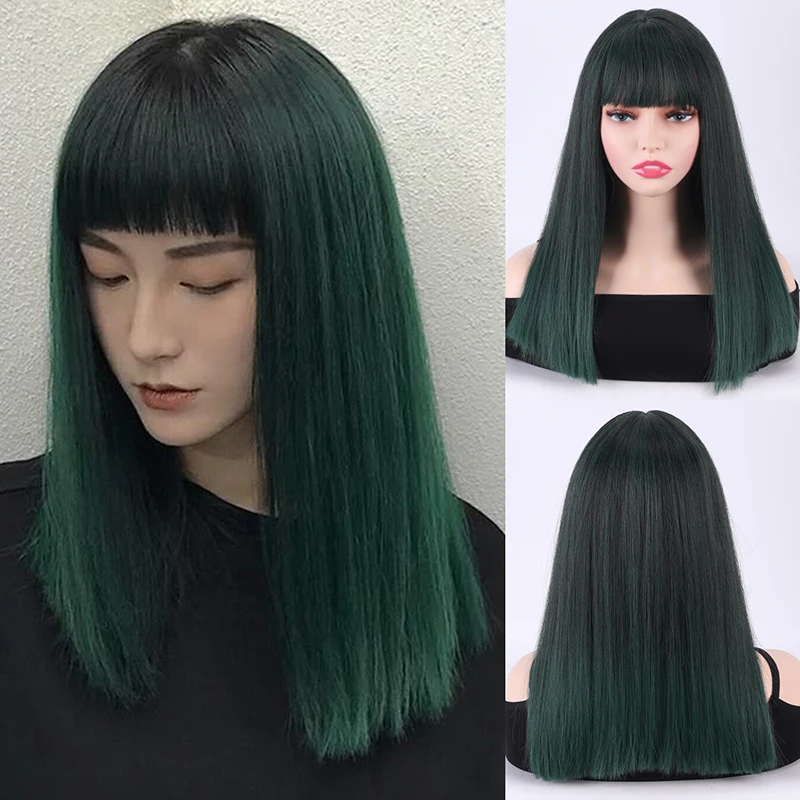 

Spot European and American wig women's black gradient dark green temperament short straight hair Synthetic fiber wig