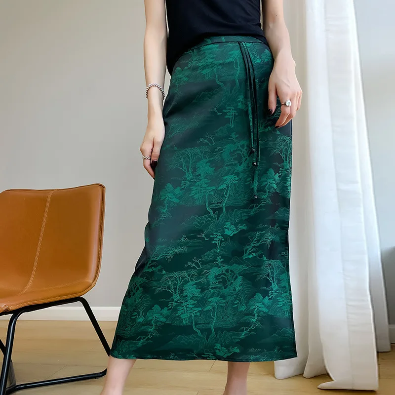 

Satin Skirt Women's Summer Thin One-step Mid-length One-side Slit Chinese Style Retro Straight Skirt