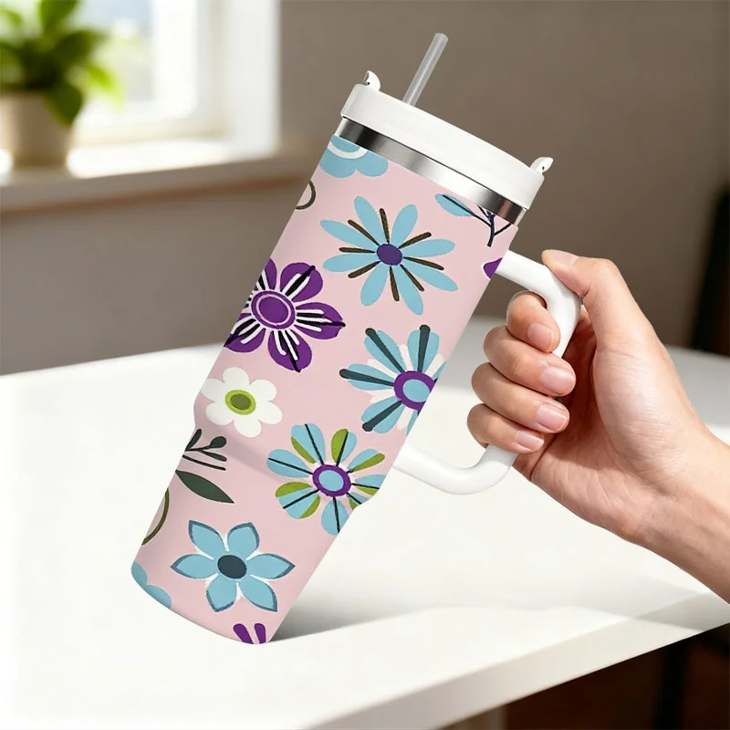 Stainless Steel 40Oz Insulated Tumbler with Whimsical Pink-Tone Floral Digital Print, Reusable Hot And Cold Beverage Holder, Ideal for Daily Commute, Office Use, And Outdoor Activities