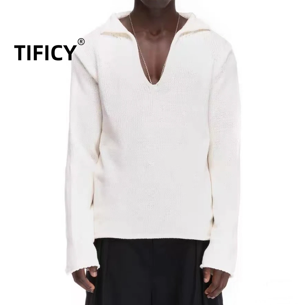 

High Street Pullover Sweater Autumn/Winter New Arrival Black and White V-Neck Trendy Men's Cashmere Sweater Men Clothes