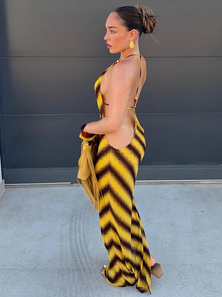 Weird Puss Sexy rückenfreies Kleid mit Kreuzmuster, Damenmode, gestreift, mit Perlenbesatz, ärmellos, heiß, für Strand, Urlaub, Party, figurbetont – Detail 15