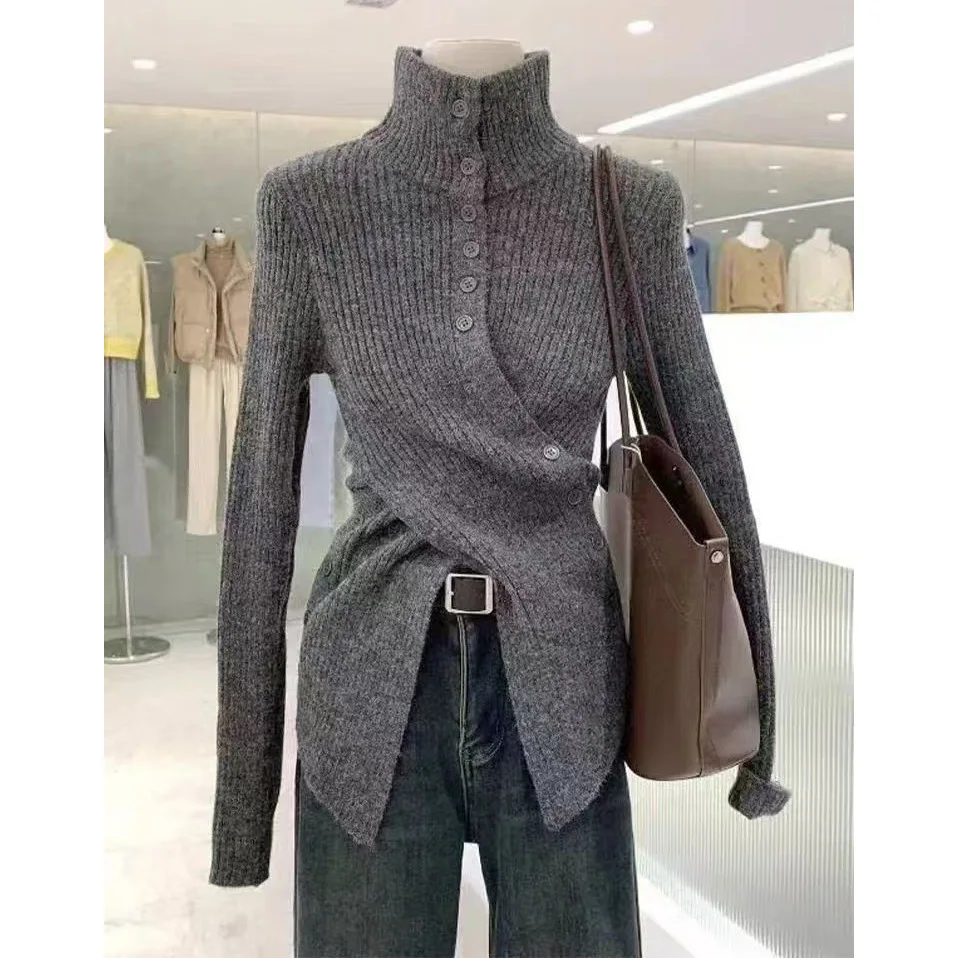 Irregular Cross Design Sweater with Slim Waist Turtleneck Knitted Bottoming Shirt