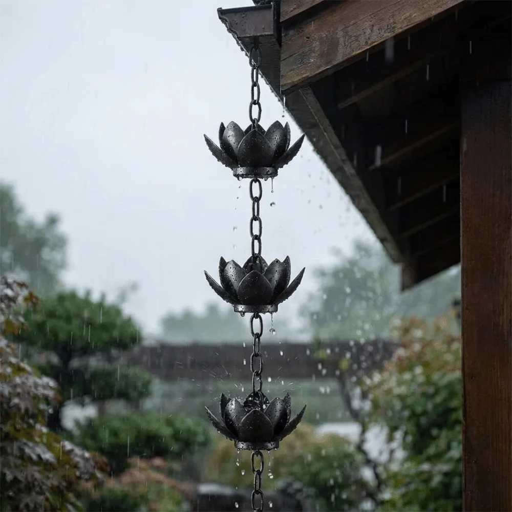 Iron Lotus Rain Chain Anti-Rust Decorative Lotus Rain Catcher Adjustable Length Lotus Hanging Chime for Gutter Downspout