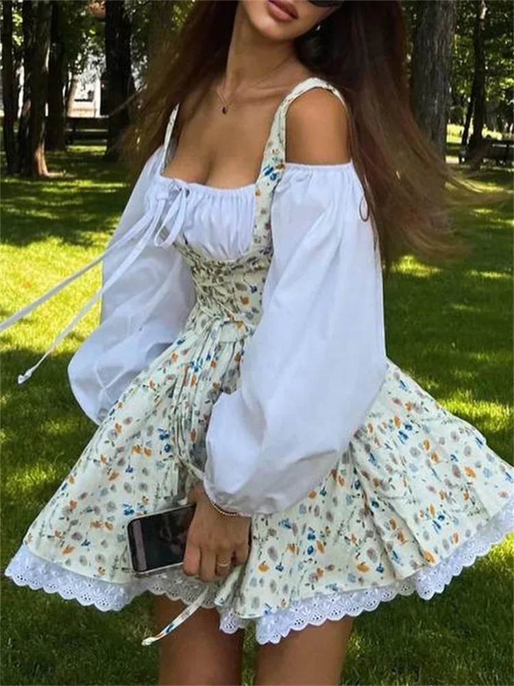 Printed Bandeau 2 Piece-Set Mini Dress Female Lace Patchwork Off-Shoulder Summer Square Collar Fashion Party Female Dress