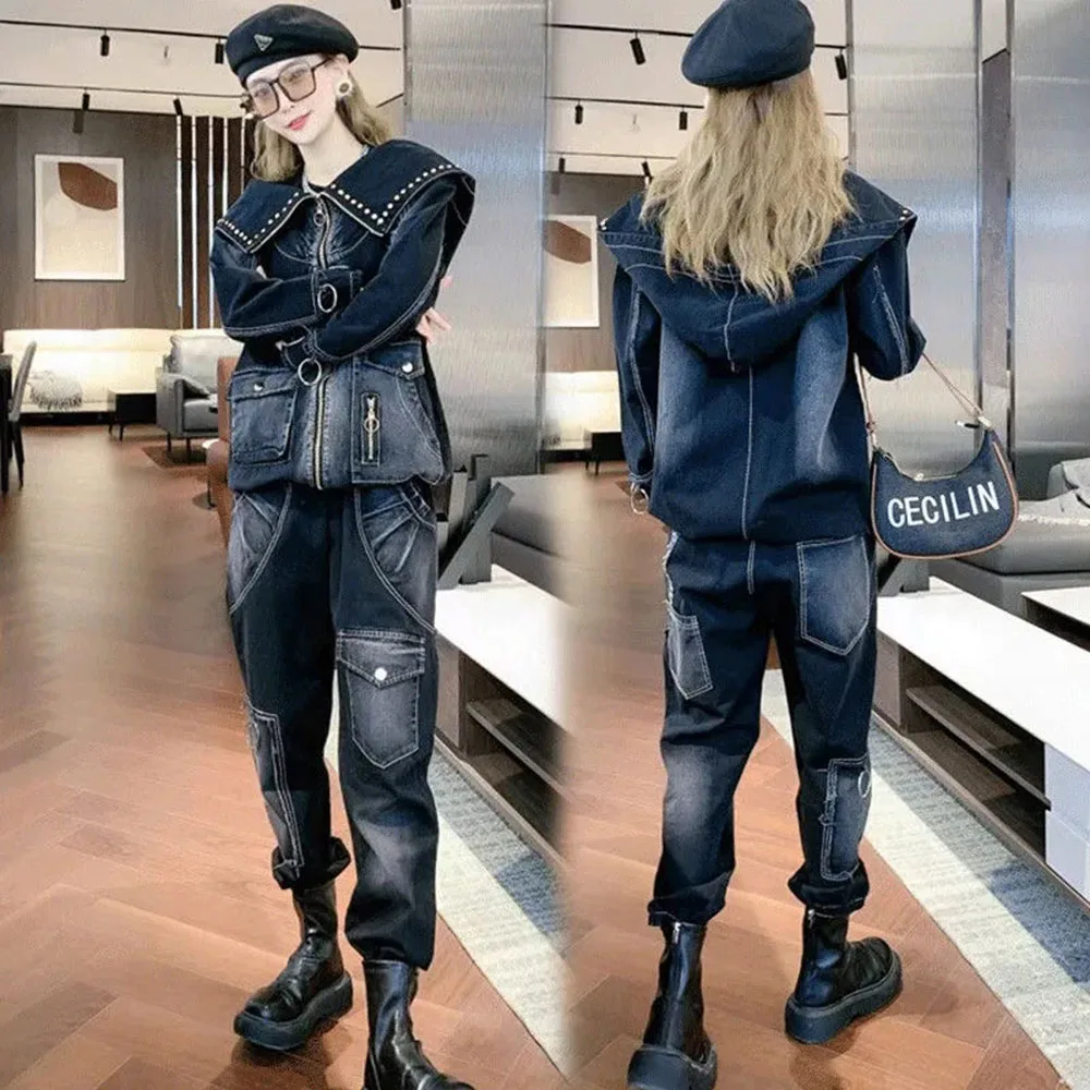 Spring Autumn Rivet Denim Trousers Fashion Set Women\'s Loose Oversize Hooded Zipper Jacket + Loose Jeans Two Piece Suits Ladies