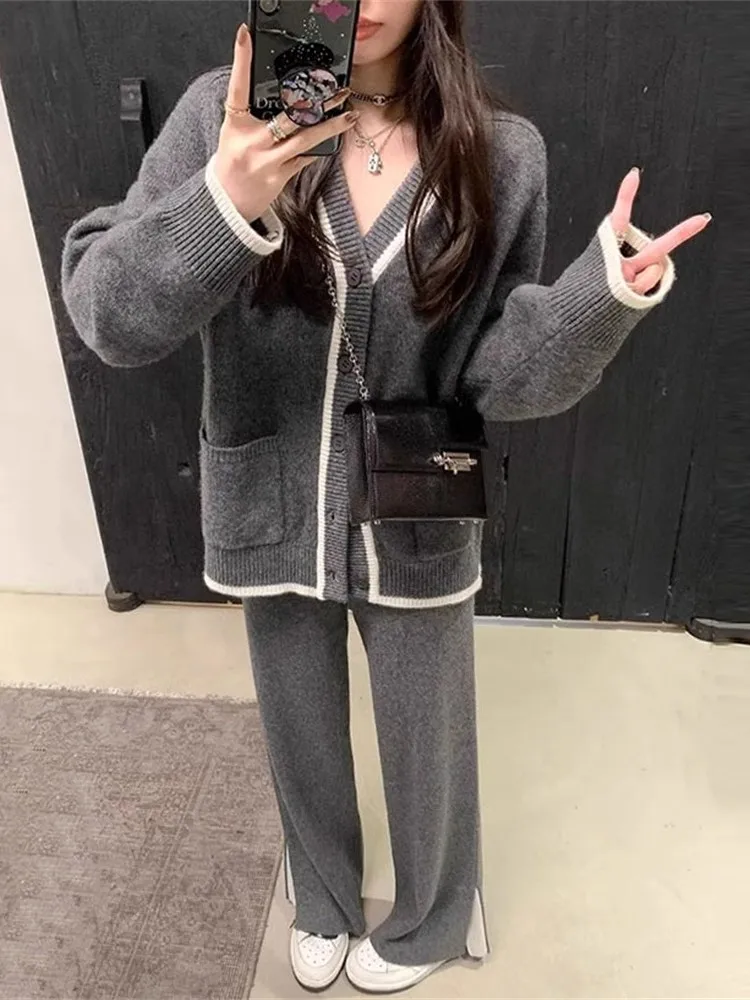 

Loose Winter Sweater And Long Trouser Two Piece Set Gray Knitting Coats + Wide Leg Pant Casual Homewear Autumn Women Suit 2024