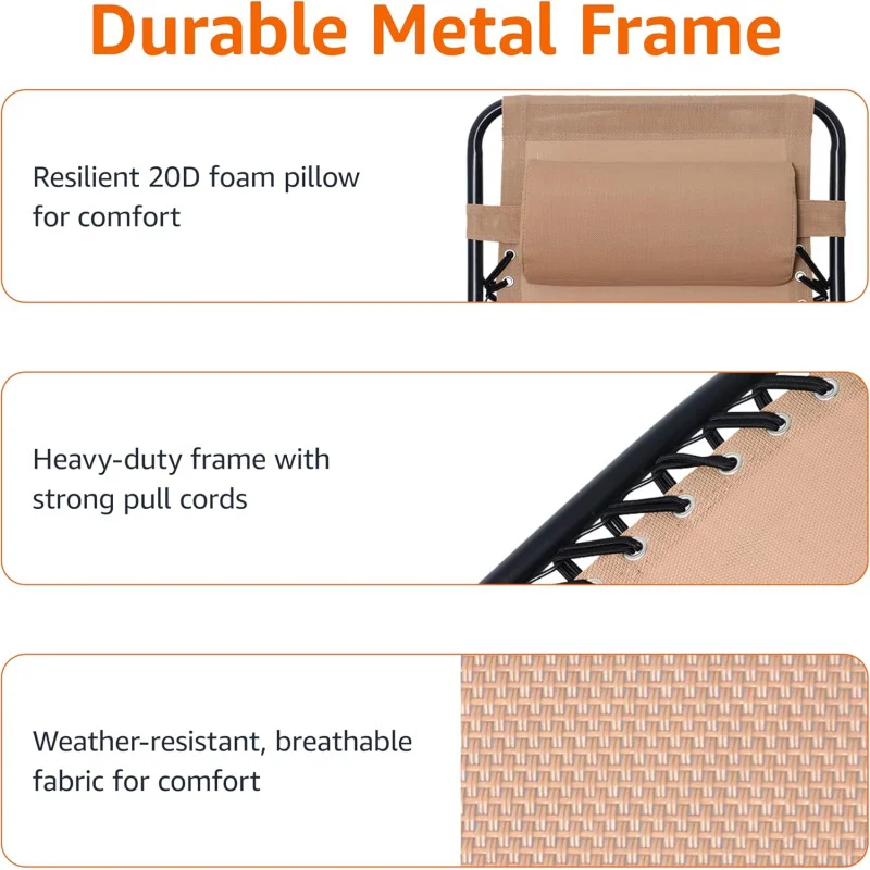 Conjunto de 2 poltronas reclináveis ajustáveis de malha TTQ Zero Gravity com mesa lateral, 35 x 26 x 43 polegadas, bege KH