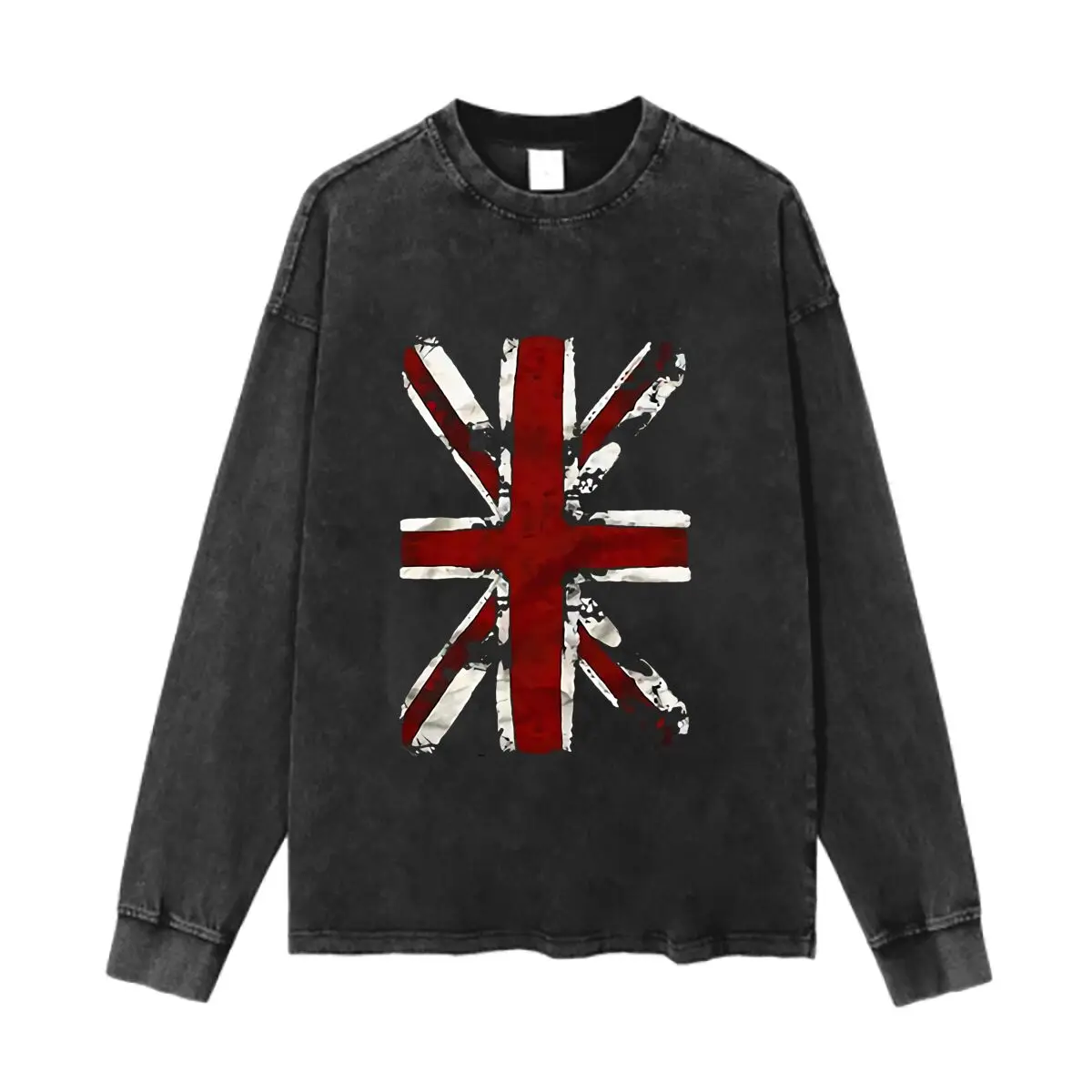 Distressed Union Jack Art Graphic Washed Vintage Long Sleeves Cotton Tee Shirt Solid O Collared For Men's And Women's