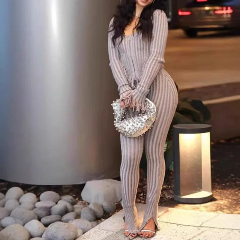 

Женский вязаный крючком комплект из 2 предметов с кисточками и длинными рукавами на молнии, асимметричный кардиган, топы + расклешенные брюки с высокой талией, костюм в рубчик