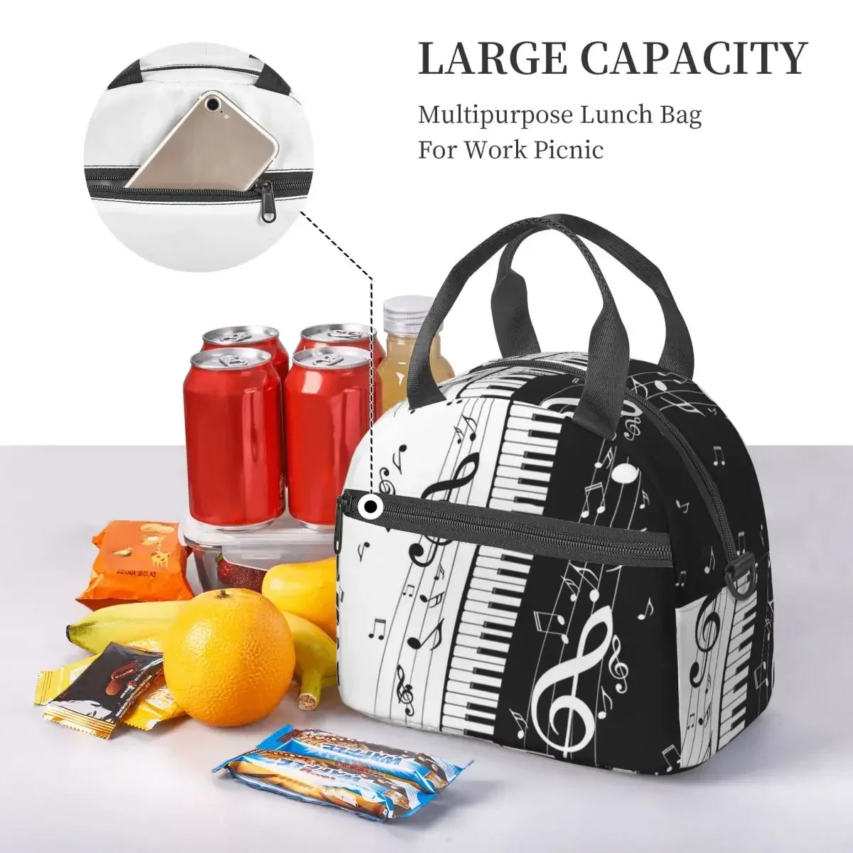 Abstract Piano Keys With Musical Notes Insulated Lunch Bag for Kids School Cooler Thermal Box Tote Portable Lunch Boxes