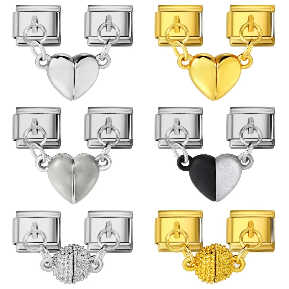 Magnet Split Love Heart Double Link Charms Bling Crystal Ball Design DIY Elastic Italian Modular Watch Band Bangle Parts