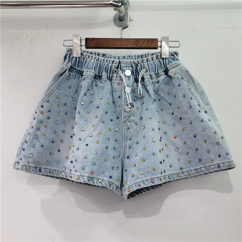 

New Spring Summer Full Body Colorful Diamond High Waist Denim Shorts Women Loose Slimming Wide Leg Shorts Femme Short Jeans