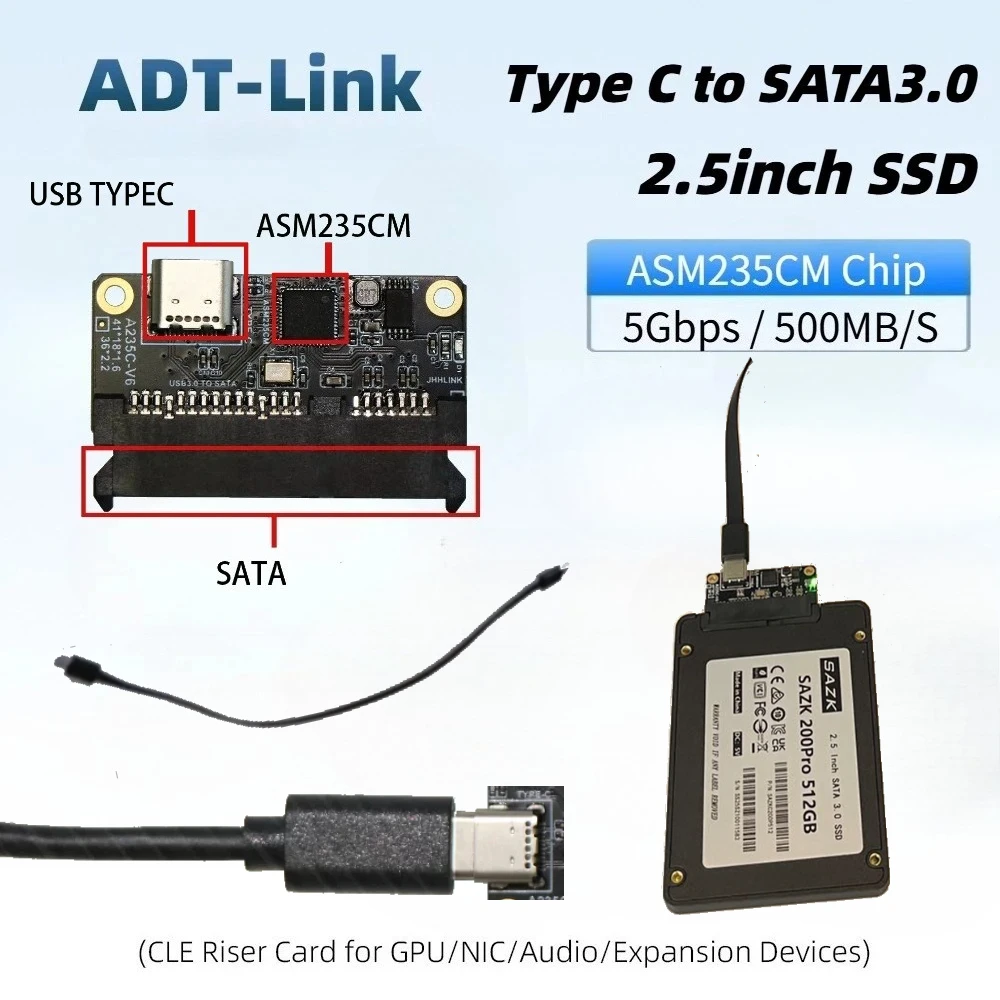 USB Type C To SATA 3.0 2.5 Inch Hard Drives Adapter Card 5Gbps ASM235CM Chip SSD HDD SATA-22P Plugs Mobile Hard Drive Enclosure