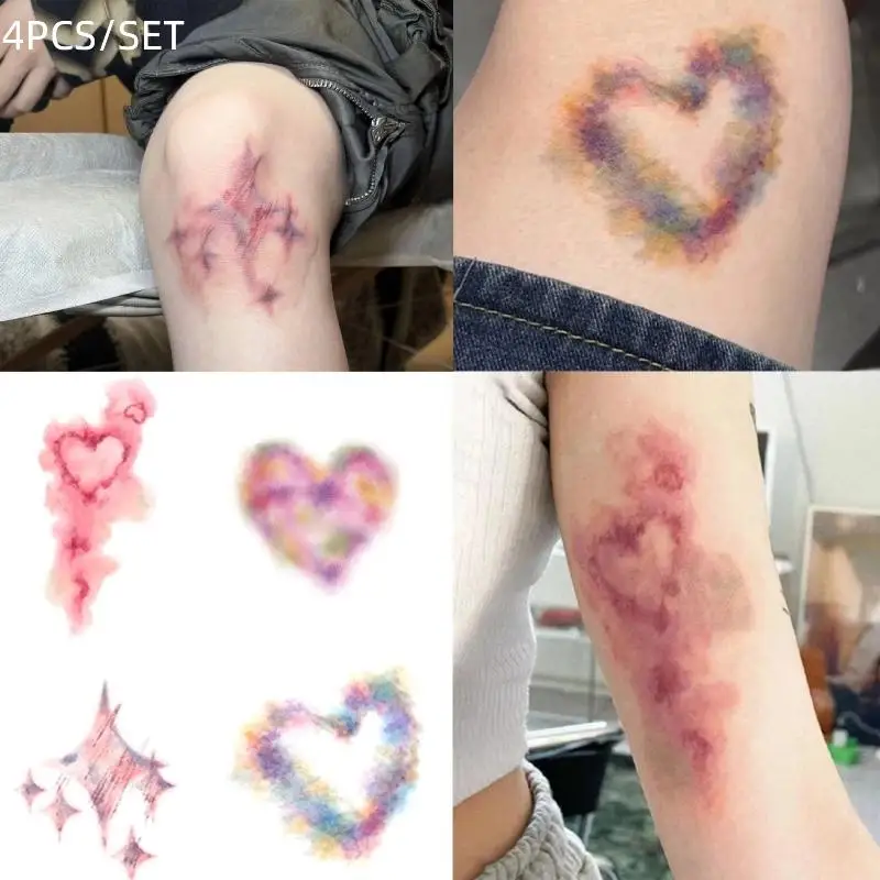 4 Sheets Fake Tattoo For Women Colorful Bruise Tattoos Halloween Makeup Rainbow Heart Scar Temporary Tattoo Stickers