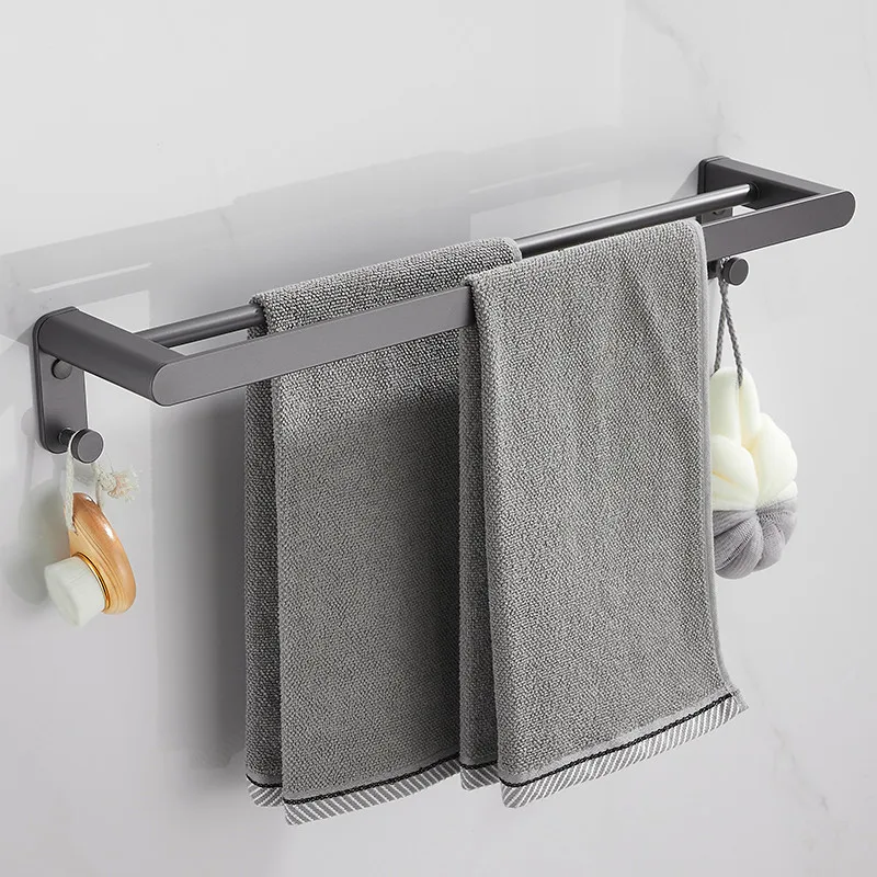 Gun Grey Bathroom Hardware Towel Dual Holders Rack/Shelf/Bars Wall Mounted Luxury Bath Accessories Nail Punched Aluminum 40-50CM