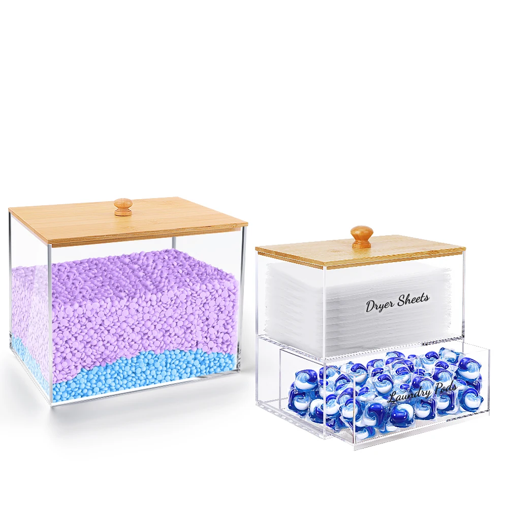 Laundry Pods Container Acrylic Washing Capsule Storage Box With Bamboo Lid Dryer Sheet Holder Laundry Room Organizer