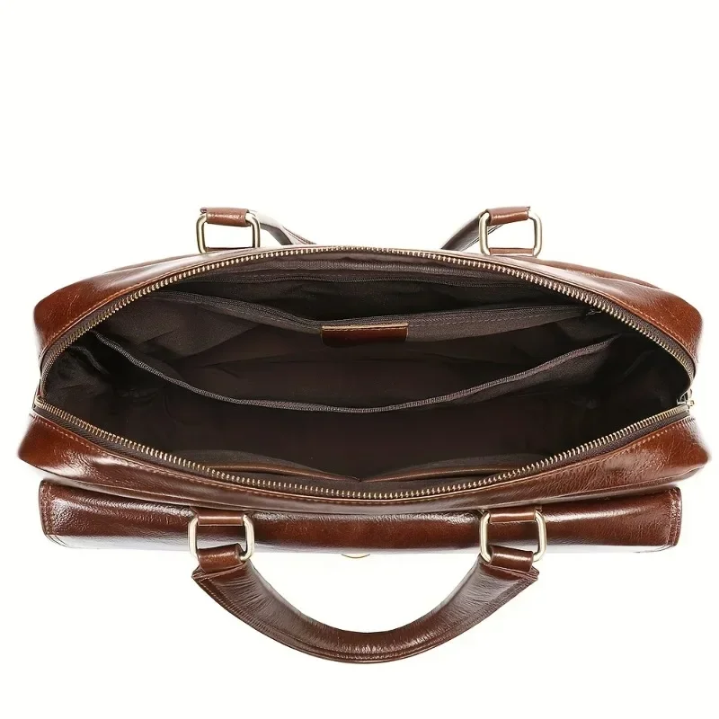 Men’s Top Grain Cowhide Leather Briefcase, Genuine Business Travel Laptop Bag, Large Capacity Handbag