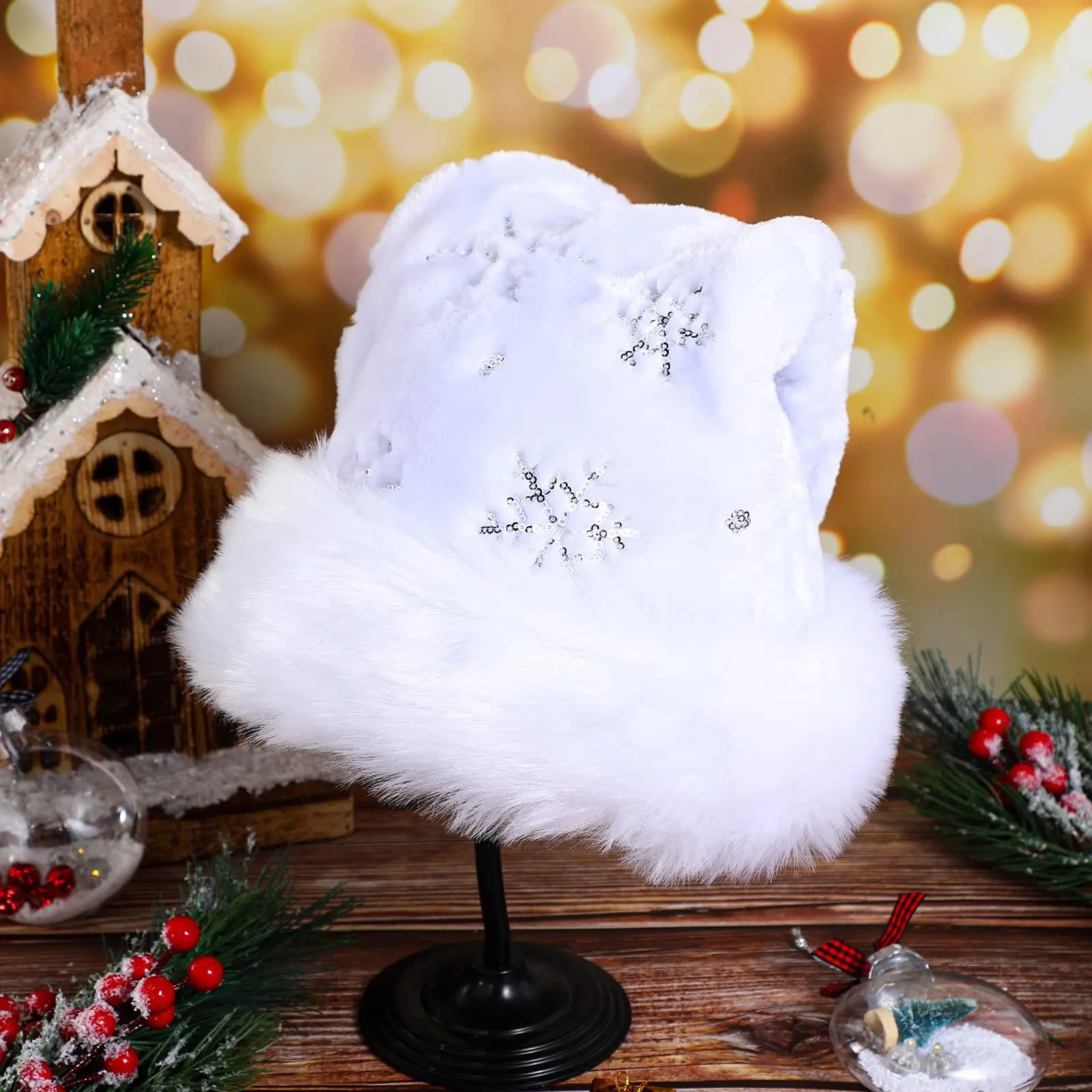 Weiße Plüsch-Weihnachtsmütze, Gold, Silber, Pailletten, Schneeflocke, Weihnachtsmütze, Kappen für Weihnachten, Zuhause, Party, Dekoration, Navidad-Geschenke