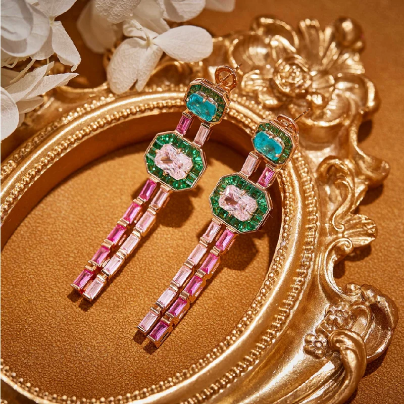 

Designer Collection Earrings Women Lady Inlay Colored Cubic Zircon Square Tassels Plated Gold Color High-end Jewellery