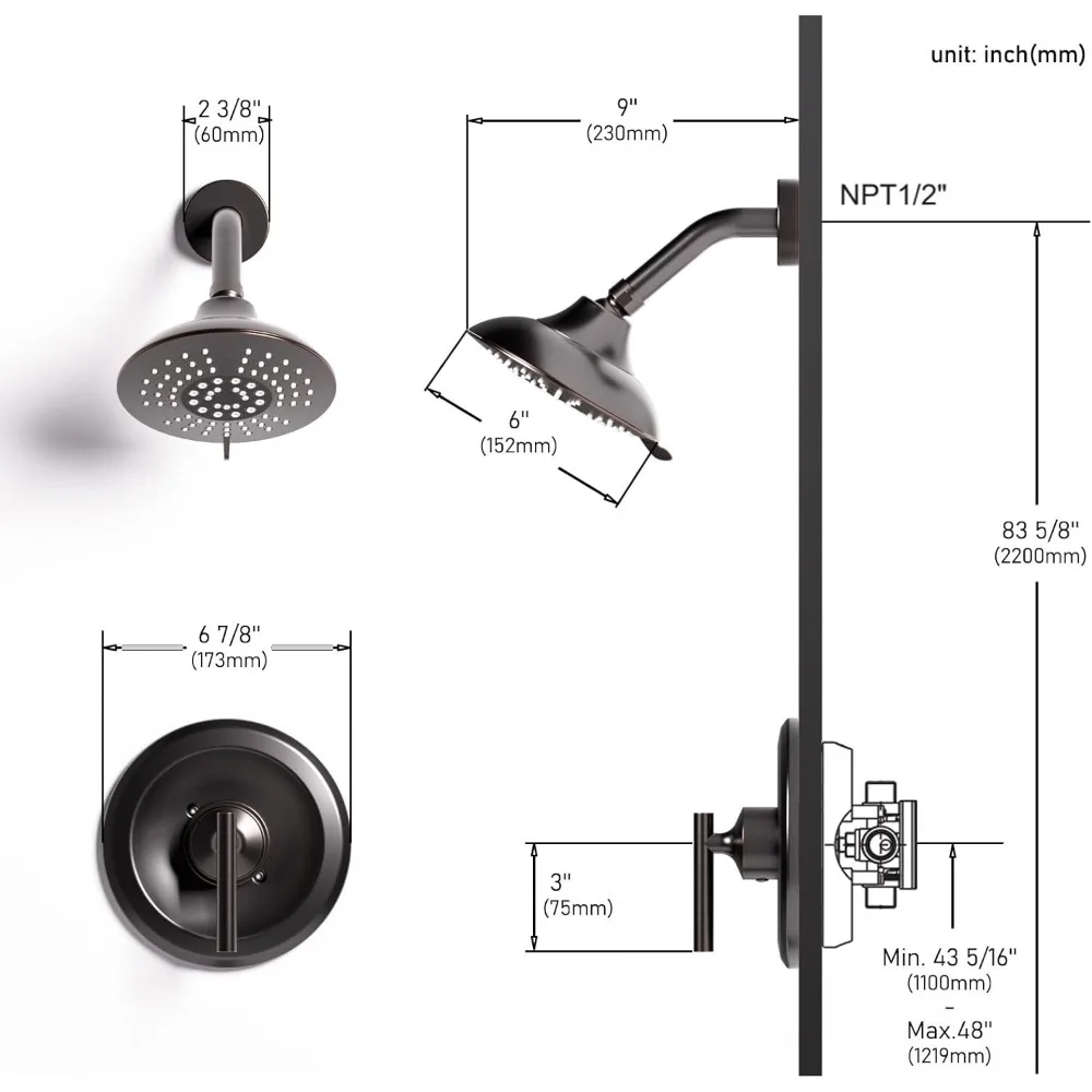 مجموعة صنبور دش برونزية مع رأس دش مطري مقاس 6 بوصات ومجموعة حواف دش حديثة بمقبض واحد