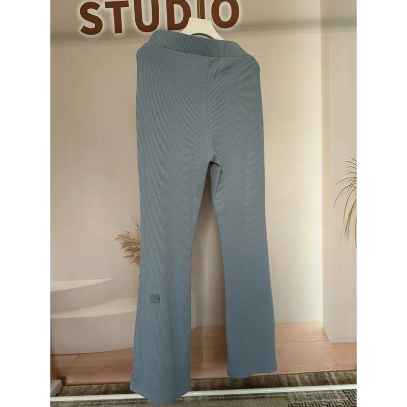 Women Knit Flared Pants Solid Color Small Logo High Waist Slim Fit Wide Leg Trousers Casual Sport Office Commuting Stretch Pants