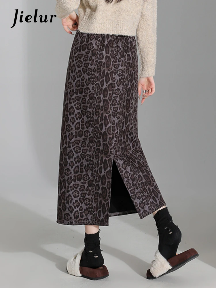 New High Waist Office Lady Casual A-Line Skirts for Women American Vintage Split Fashion Leopard Print Loose Female Midi Skirts