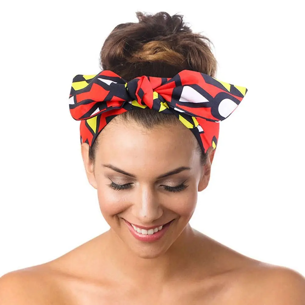 Vintage Wide African Print Headband Elastic Knotted Boho Hair Wrap Daily Wears Turban for Women